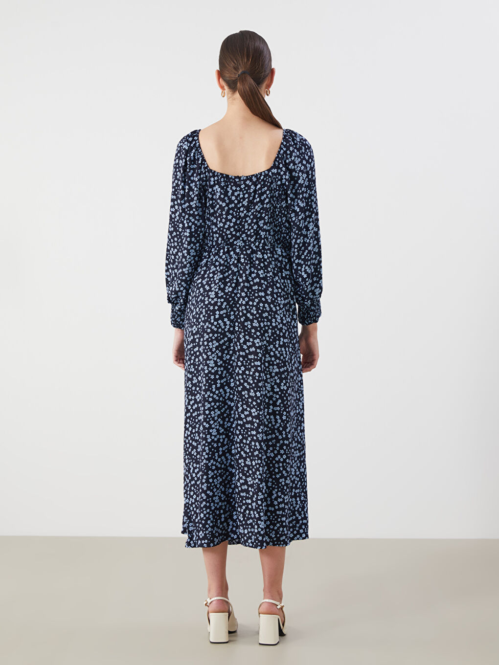 Square Neck Floral Balloon Sleeve Dress-3