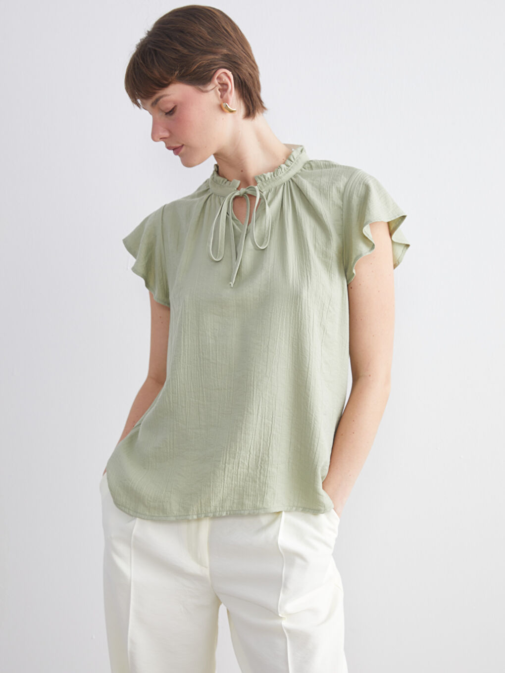 Yeşil Bağlamalı Yaka Dokulu Bluz