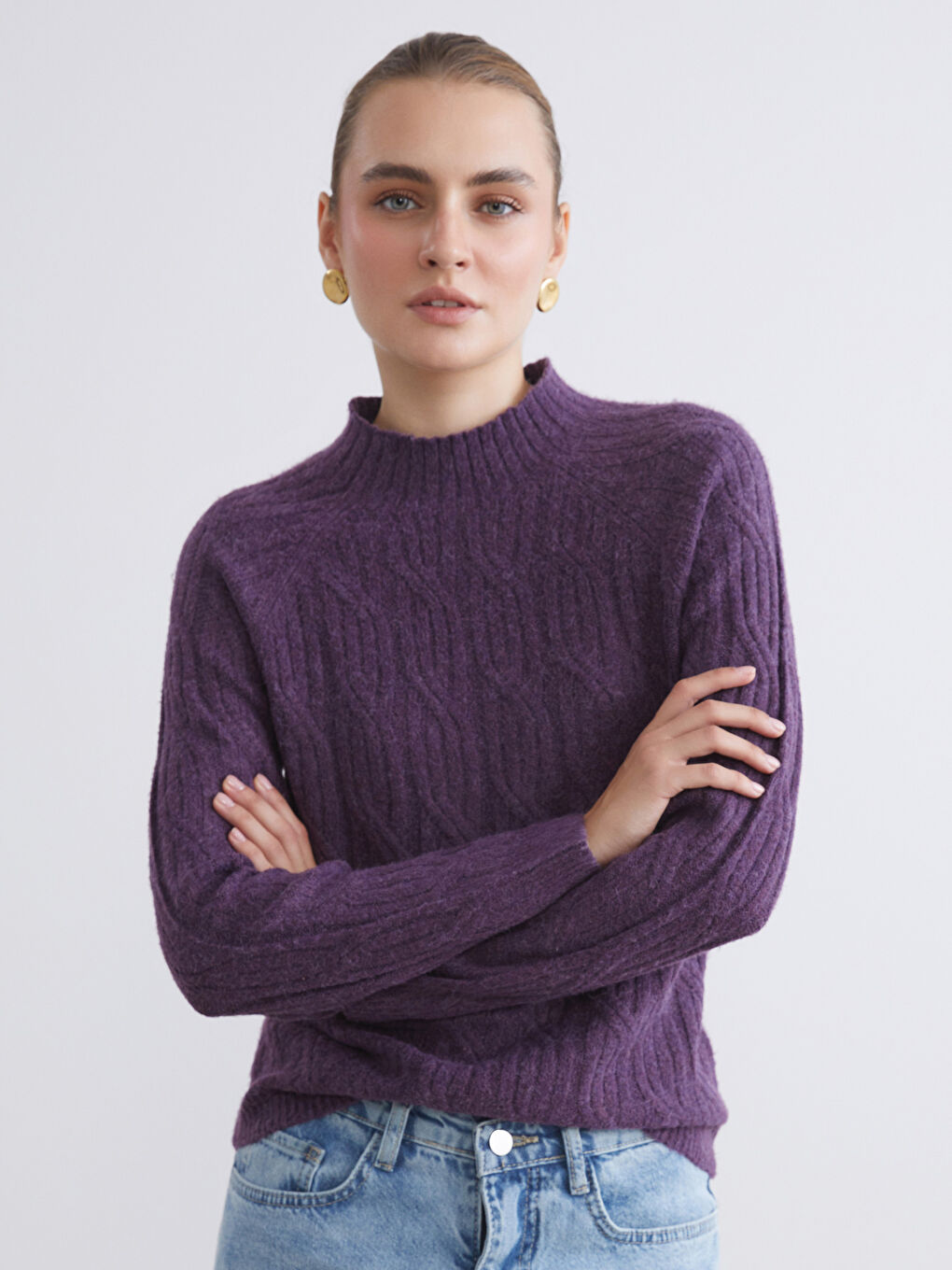 Funnel Neck Patterned Women's Knit Sweater