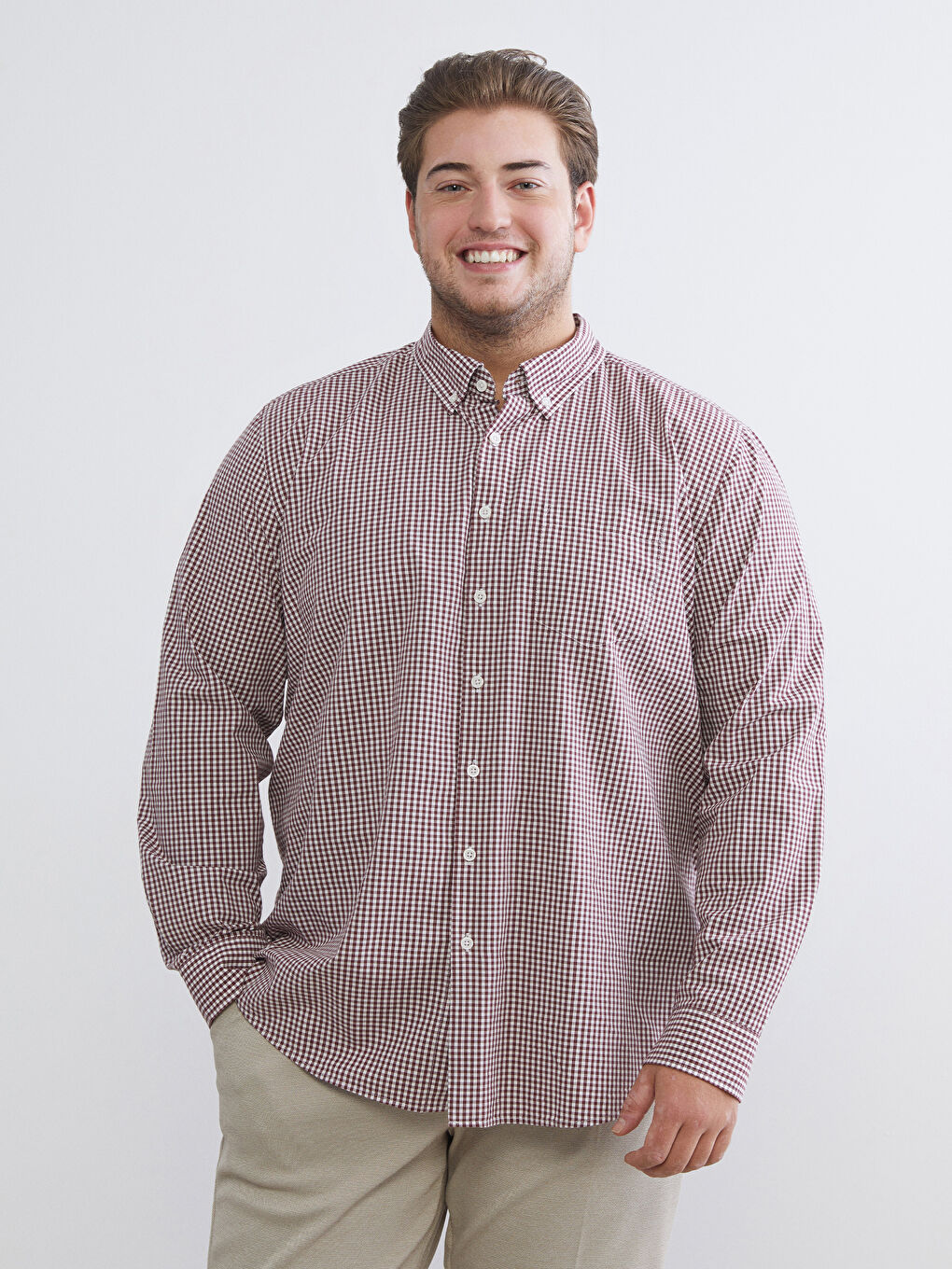 قميص بوبلين بنقشة المربعات كم طويل عادي للرجال-1