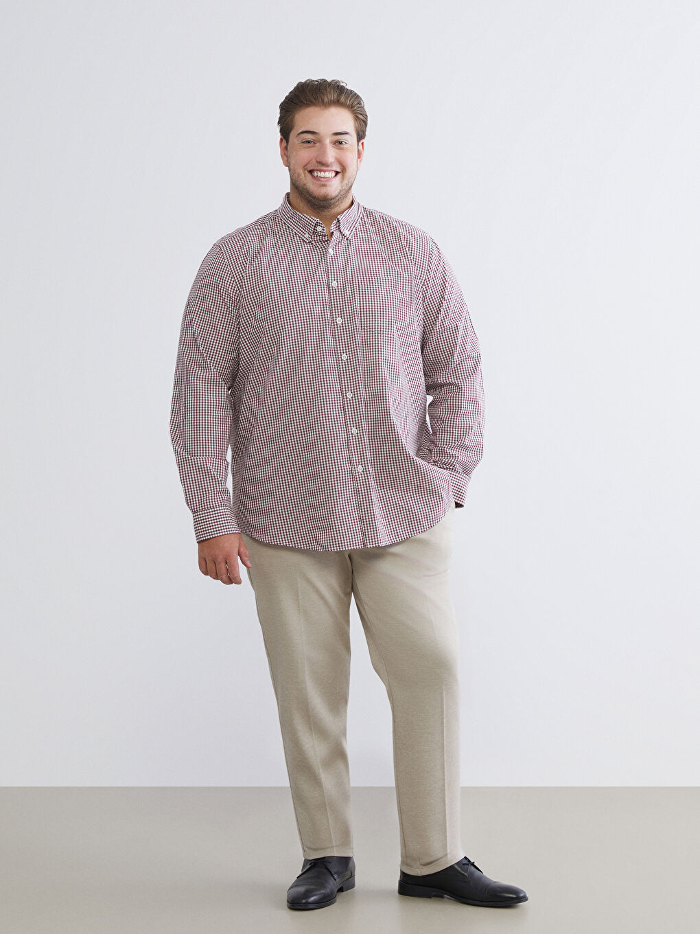 قميص بوبلين بنقشة المربعات كم طويل عادي للرجال-5