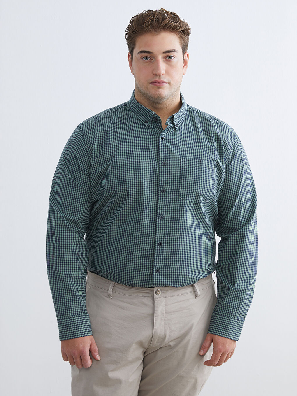 რეგულარული სტილის გრძელმკლავიანი პლედის პოპლინის მამაკაცის პერანგი-1