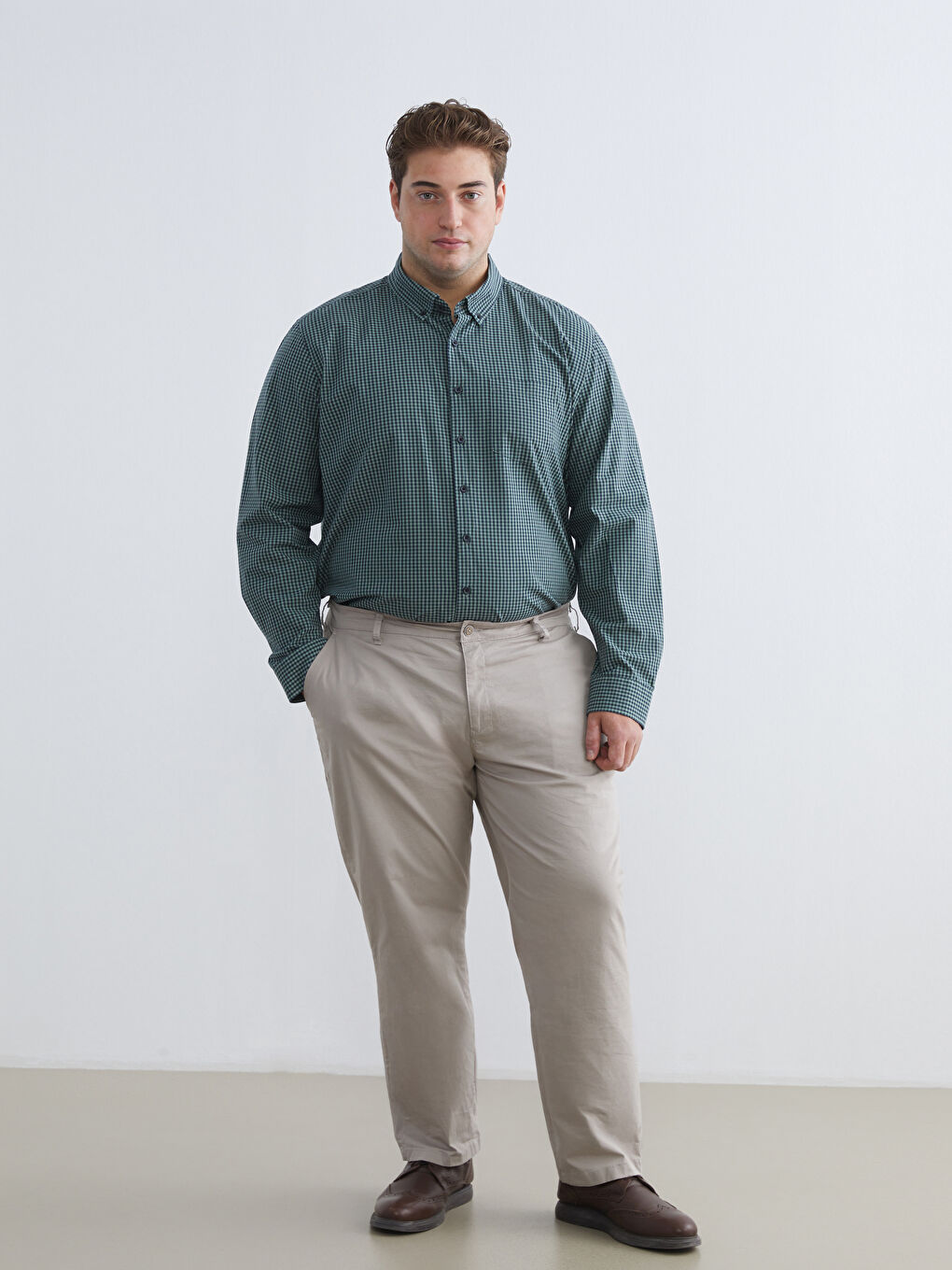 რეგულარული სტილის გრძელმკლავიანი პლედის პოპლინის მამაკაცის პერანგი-5