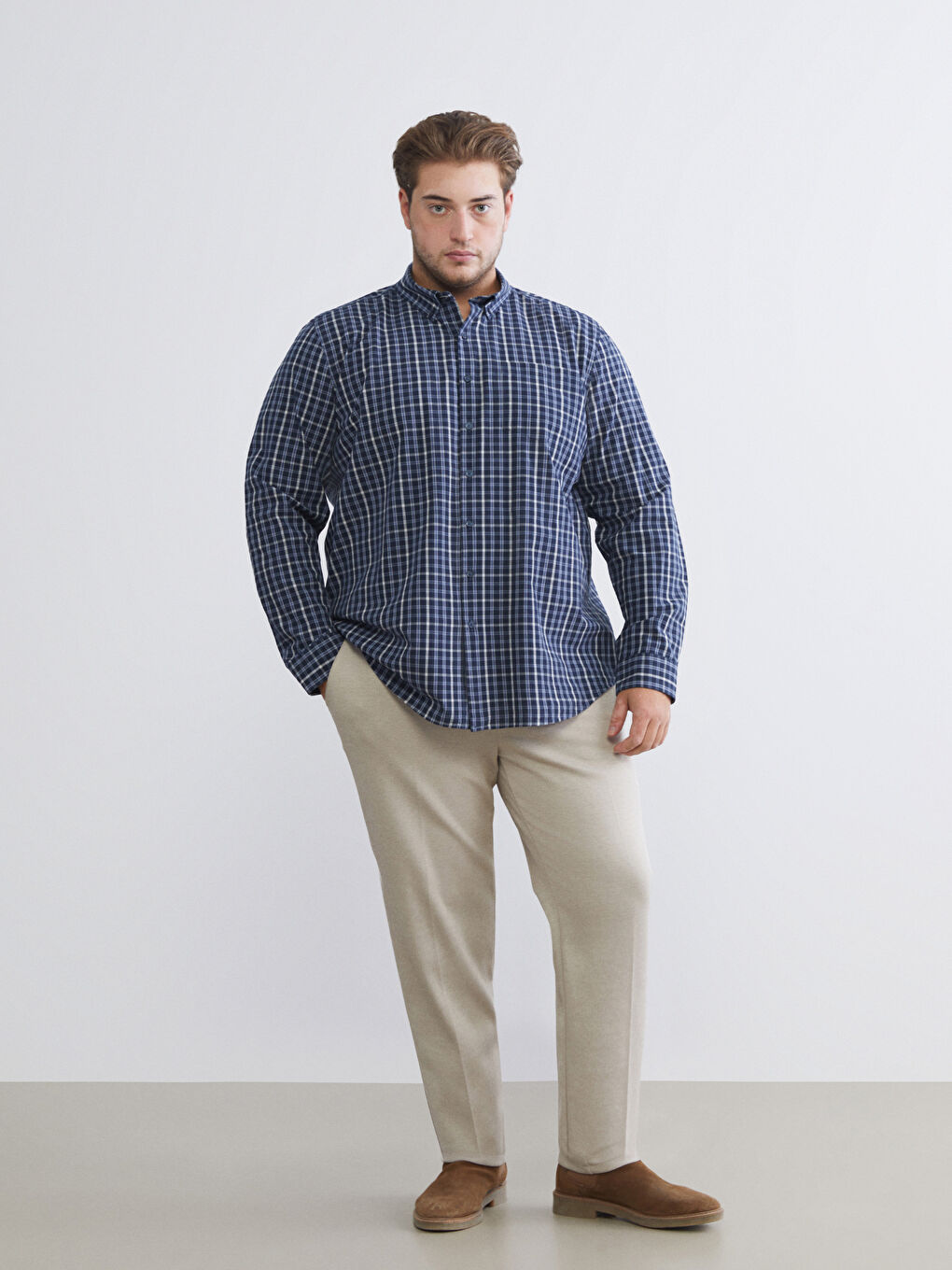 Regular Fit Long Sleeve Plaid Poplin Men's Shirt-5