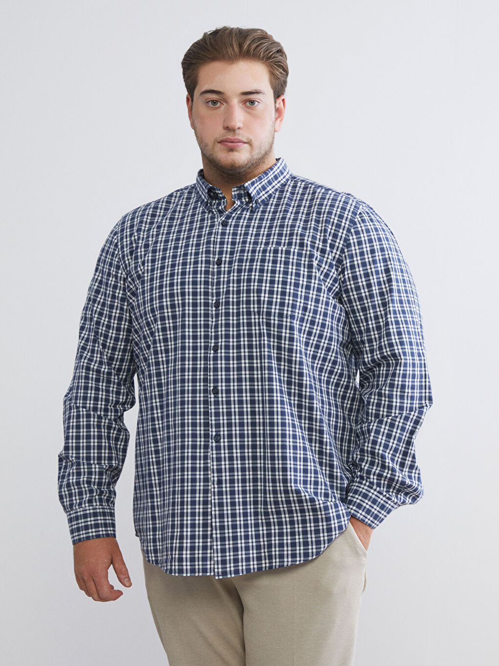 Regular Fit Long Sleeve Plaid Poplin Men's Shirt-1