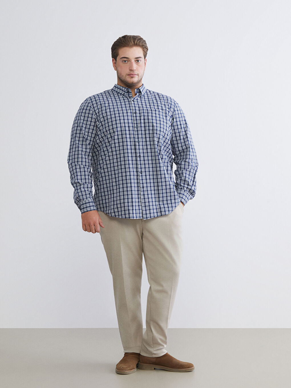 Regular Fit Long Sleeve Plaid Poplin Men's Shirt-5