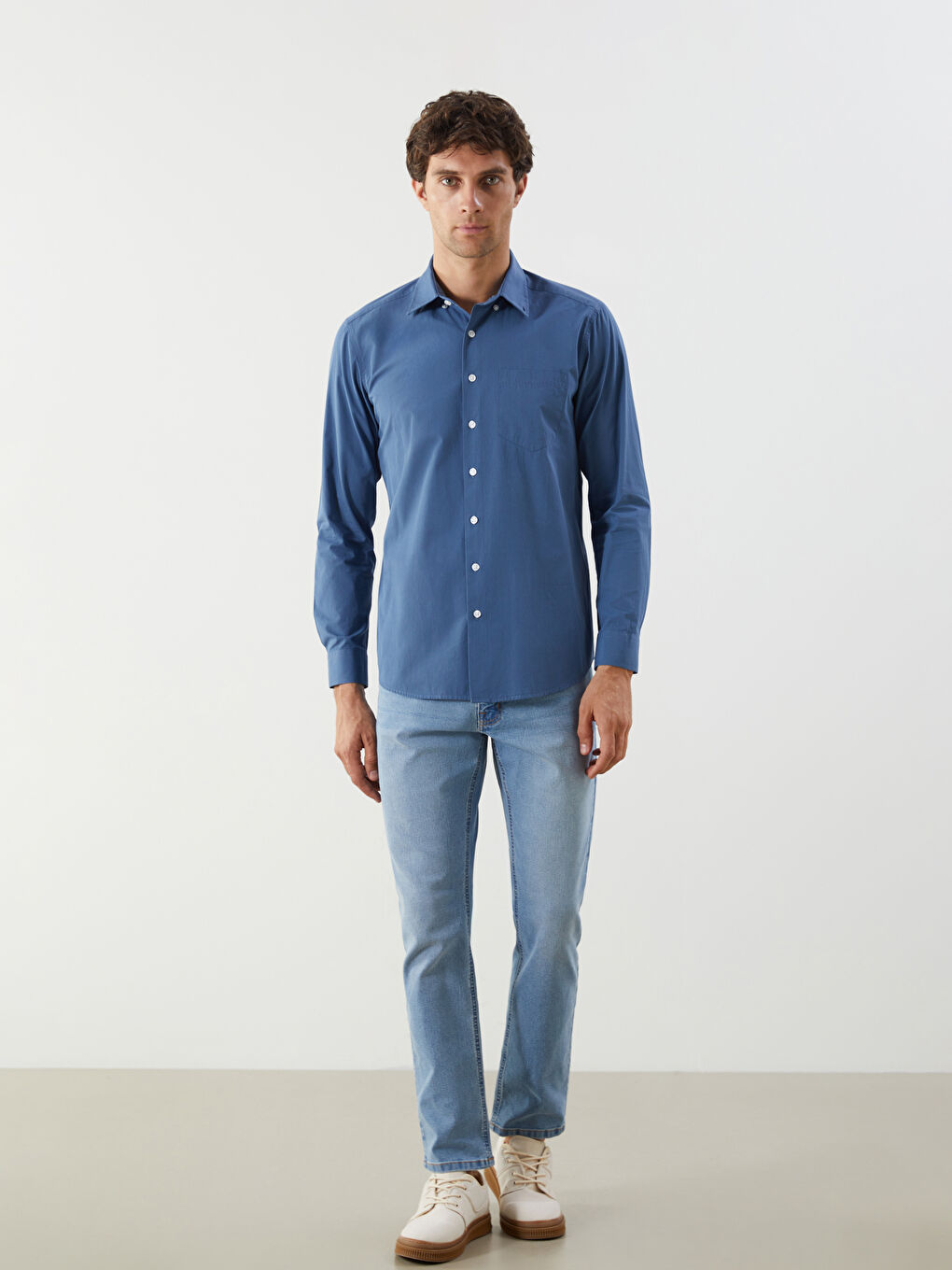 Lacivert Regular Fit Uzun Kollu Poplin Erkek Gömlek-2