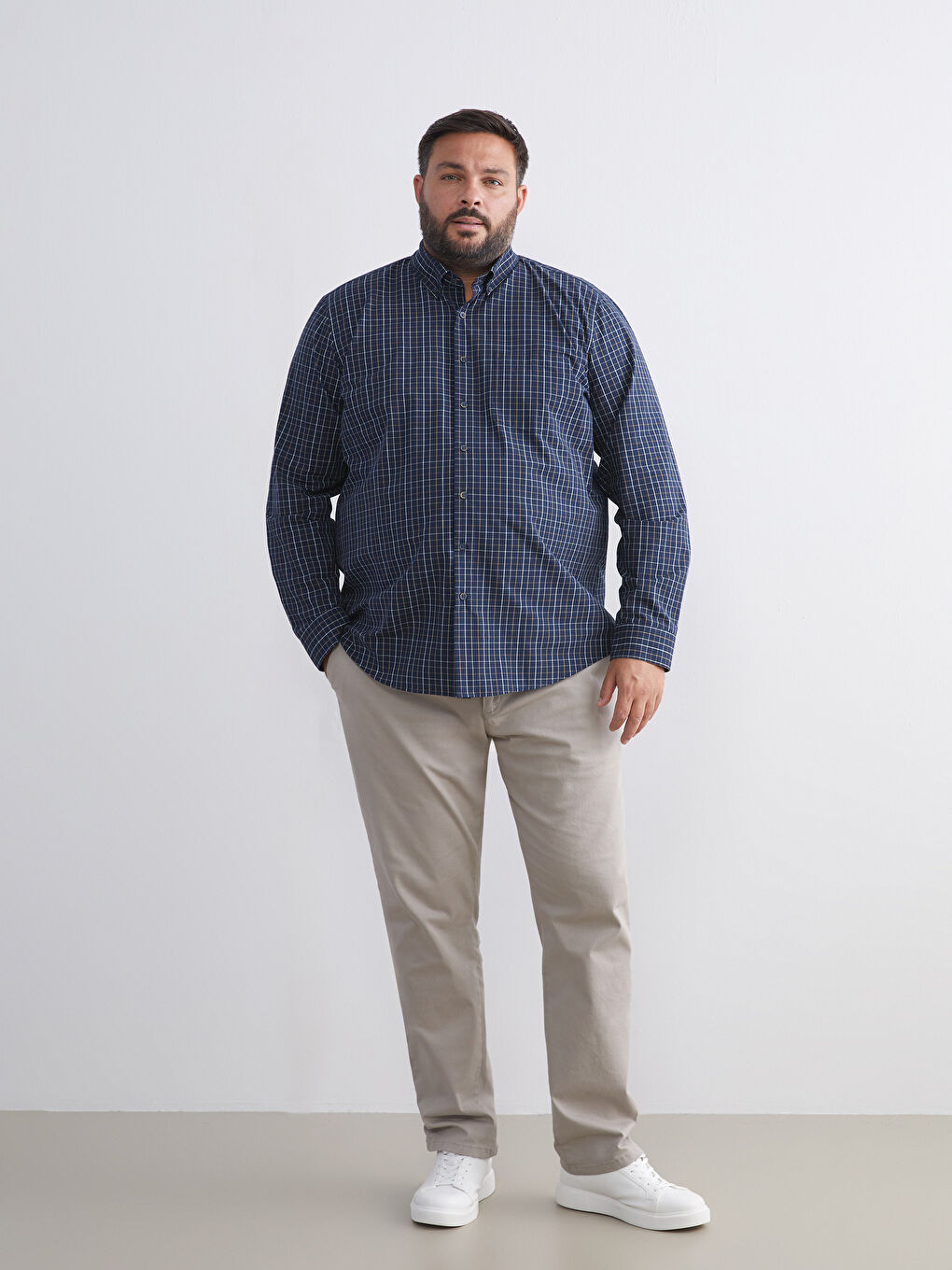 Regular Fit Long Sleeve Plaid Poplin Men's Shirt-5