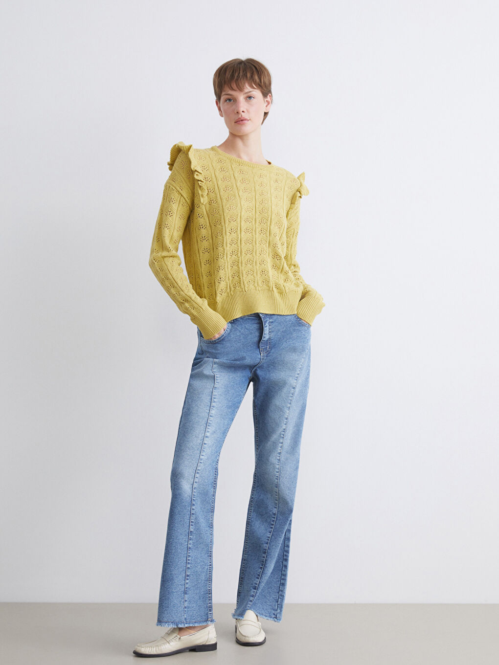 Yeşil Bisiklet Yaka Ajurlu Kadın Triko Kazak-1