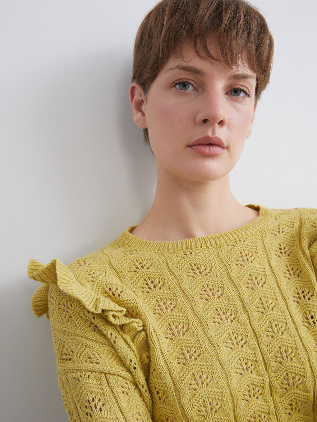 Yeşil Bisiklet Yaka Ajurlu Kadın Triko Kazak-2