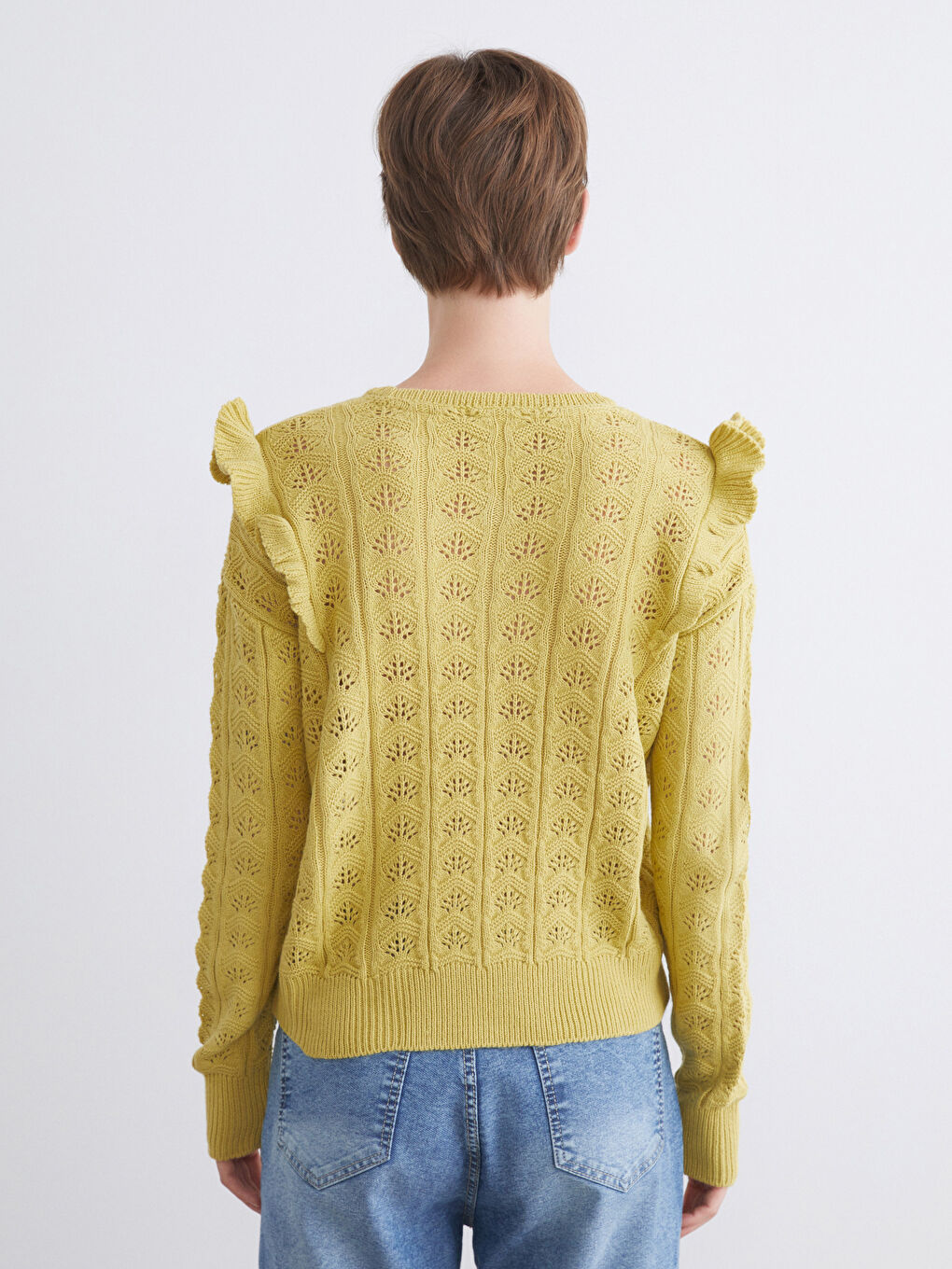 Yeşil Bisiklet Yaka Ajurlu Kadın Triko Kazak-3