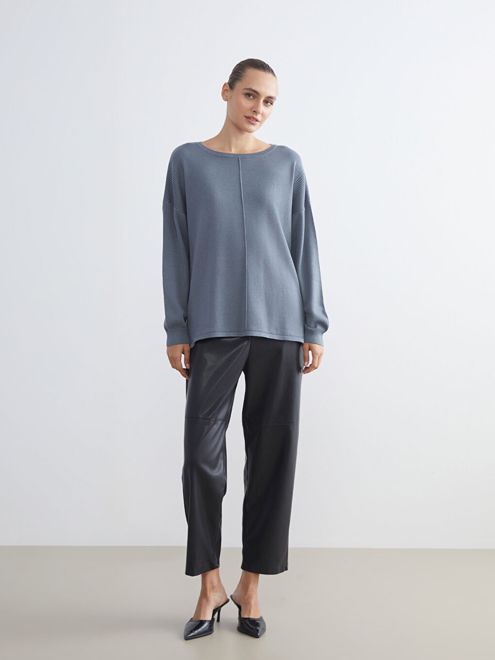 Gri Bisiklet Yaka Kadın Triko Kazak-1