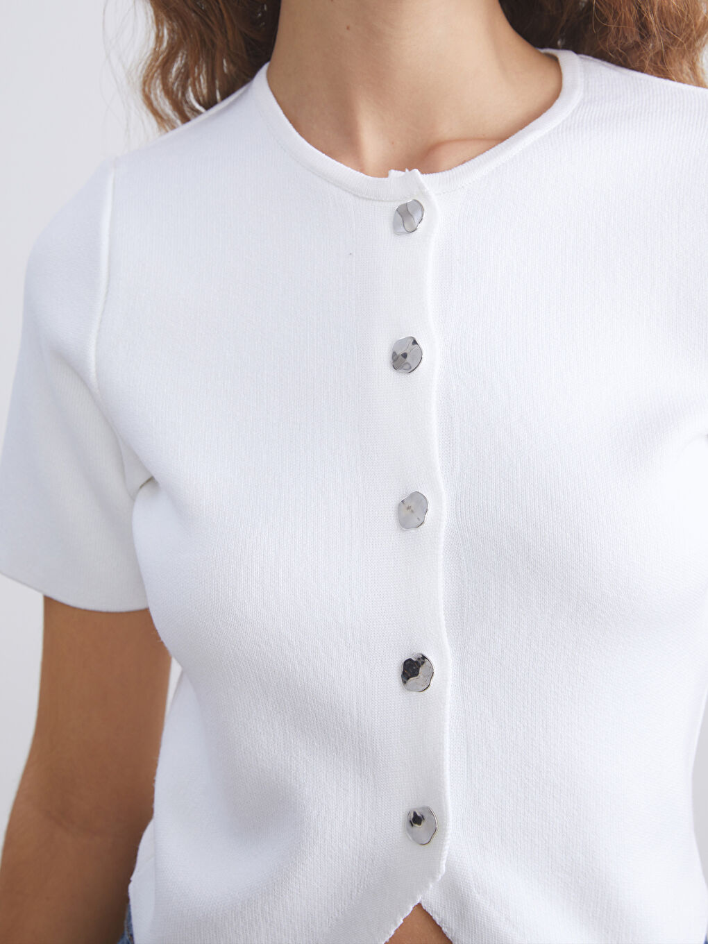 Ekru Bisiklet Yaka Kadın Triko Hırka-2