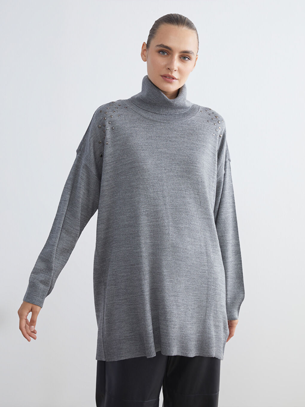 Gri Balıkçı Yaka Kadın Triko Kazak