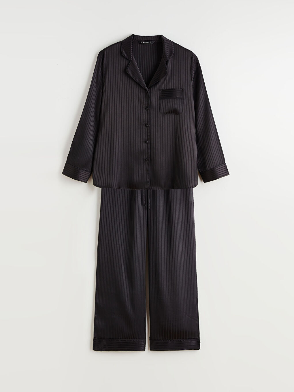 Siyah Gömlek Yaka Çizgili Saten Kadın Pijama Takımı-4