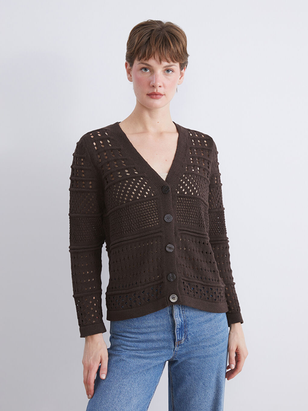 Kahverengi V Yaka Ajurlu Kadın Triko Hırka