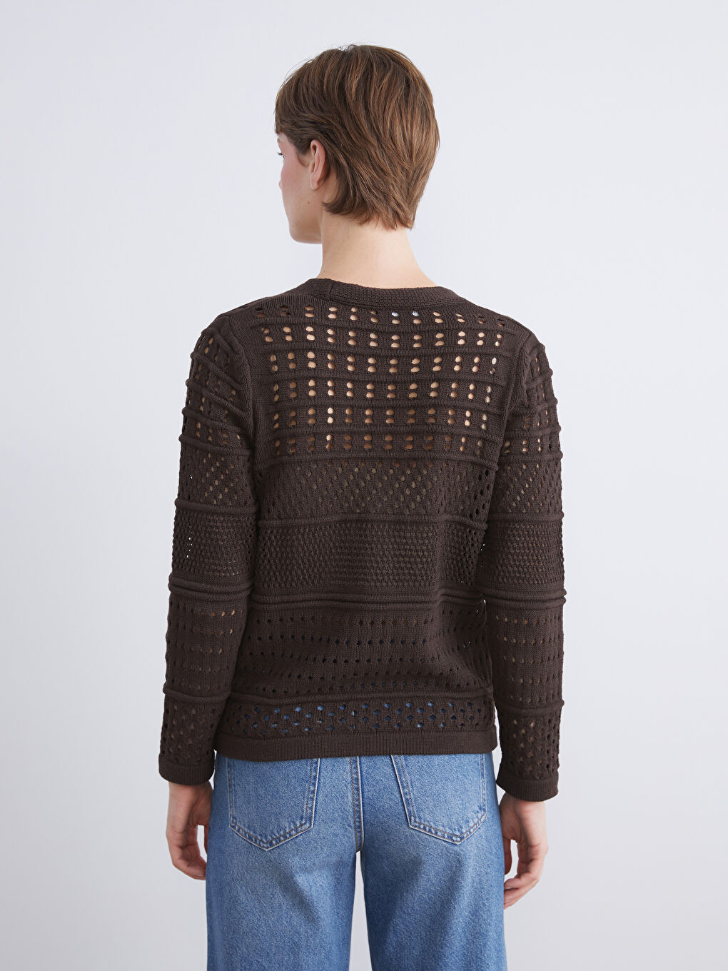 Kahverengi V Yaka Ajurlu Kadın Triko Hırka-3