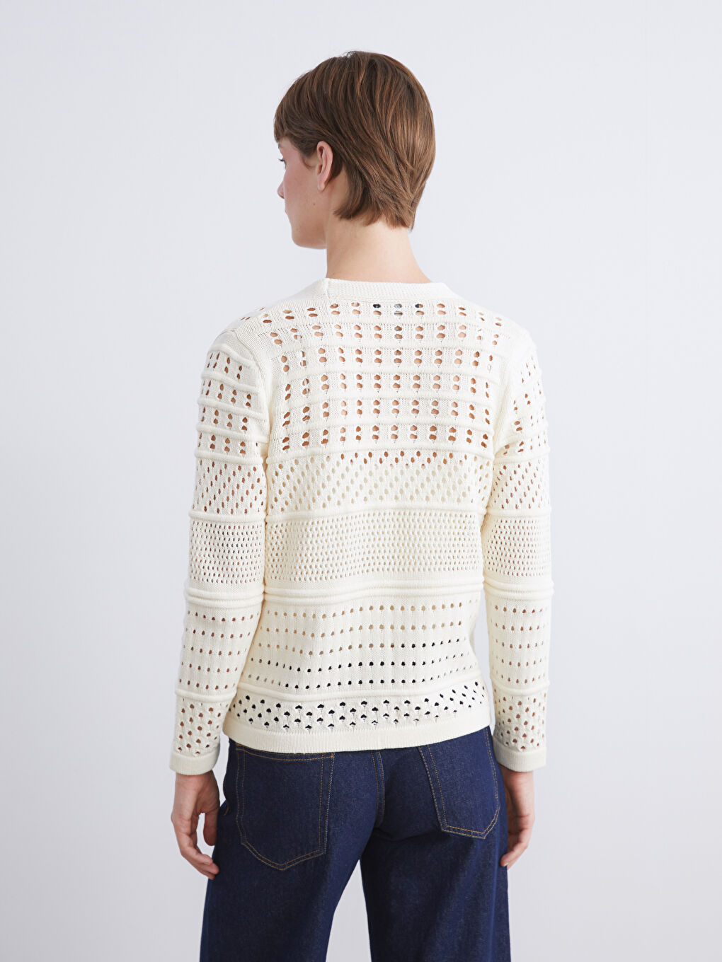 Ekru V Yaka Ajurlu Kadın Triko Hırka-3