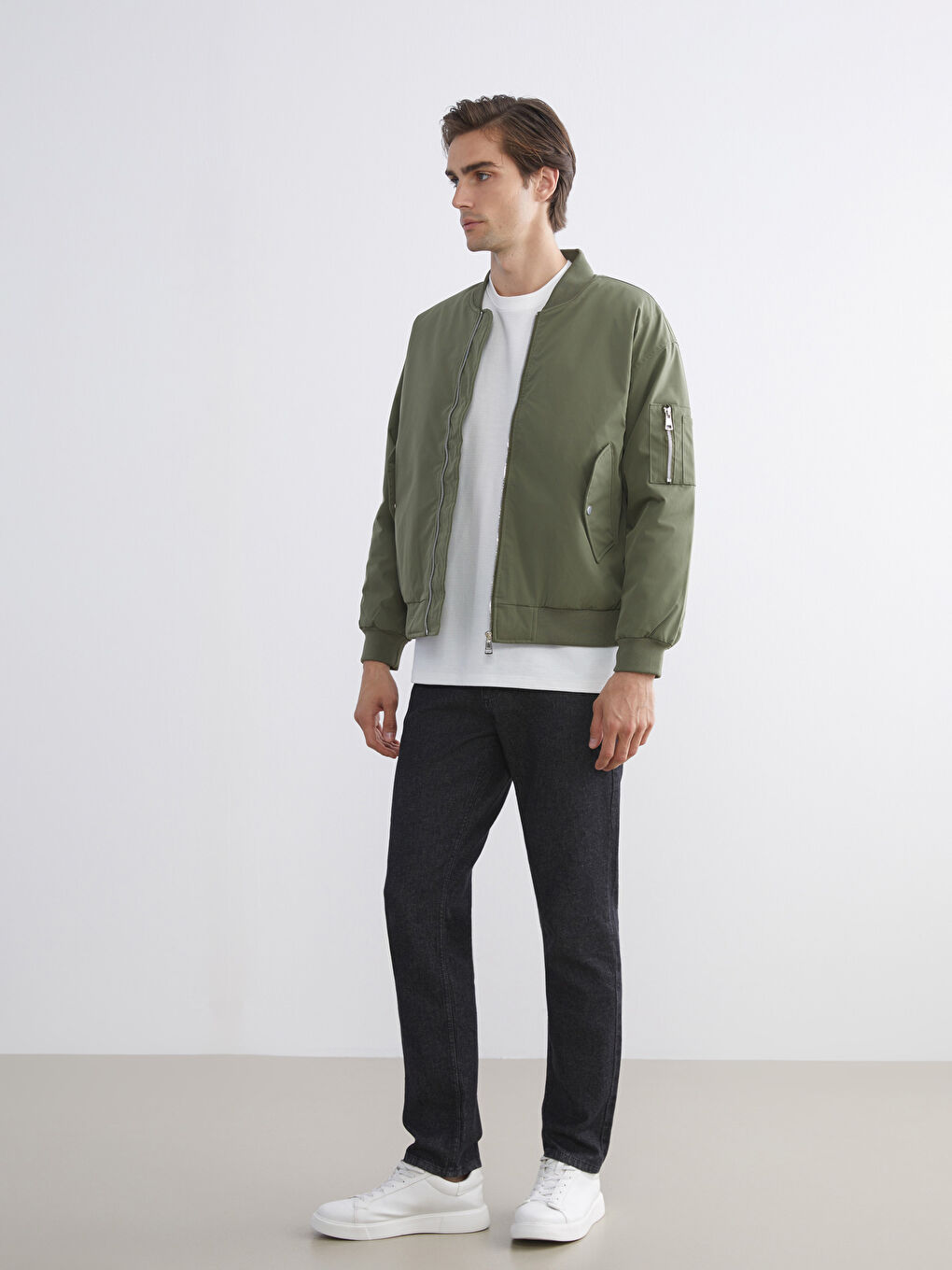 Haki Rahat Kalıp Kolej Yaka Erkek Bomber Mont-1
