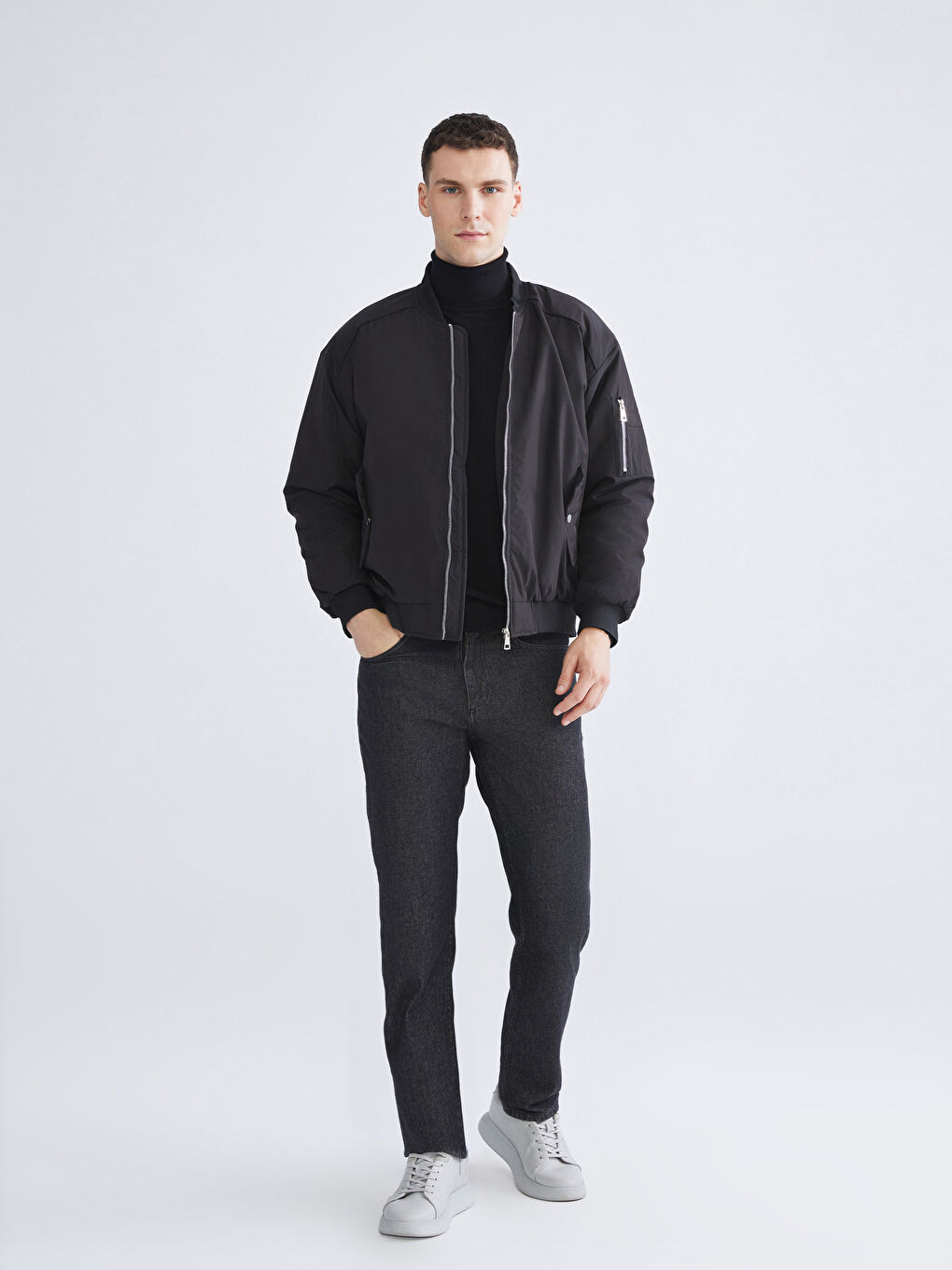 Siyah Rahat Kalıp Kolej Yaka Erkek Bomber Mont-1