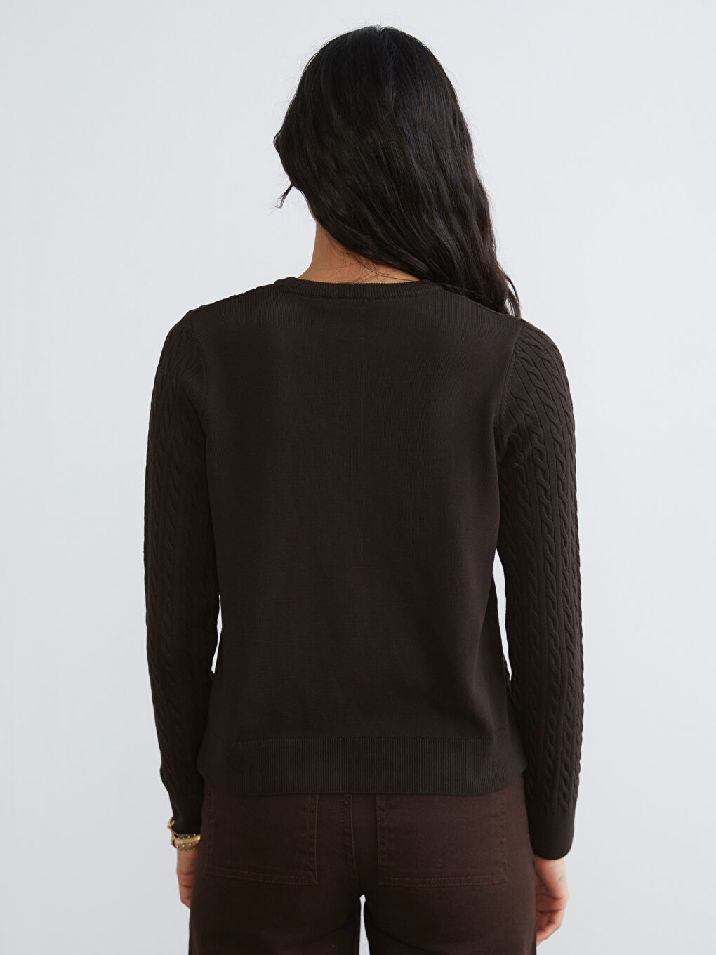 Kahverengi Bisiklet Yaka Kendinden Desenli Kadın Triko Hırka-3