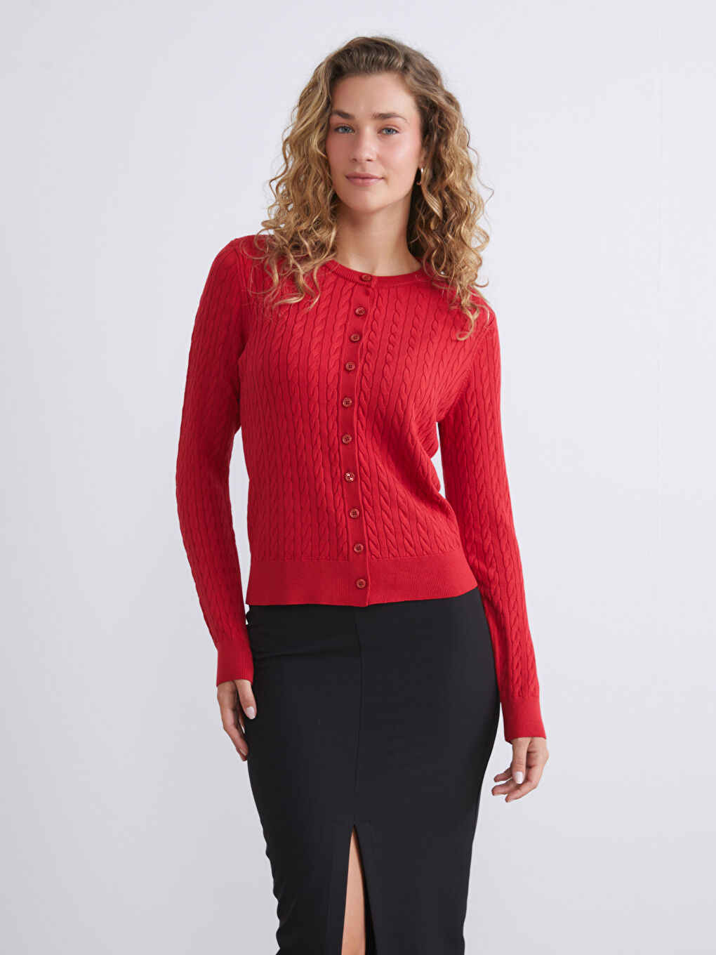 Kırmızı Bisiklet Yaka Kendinden Desenli Kadın Triko Hırka