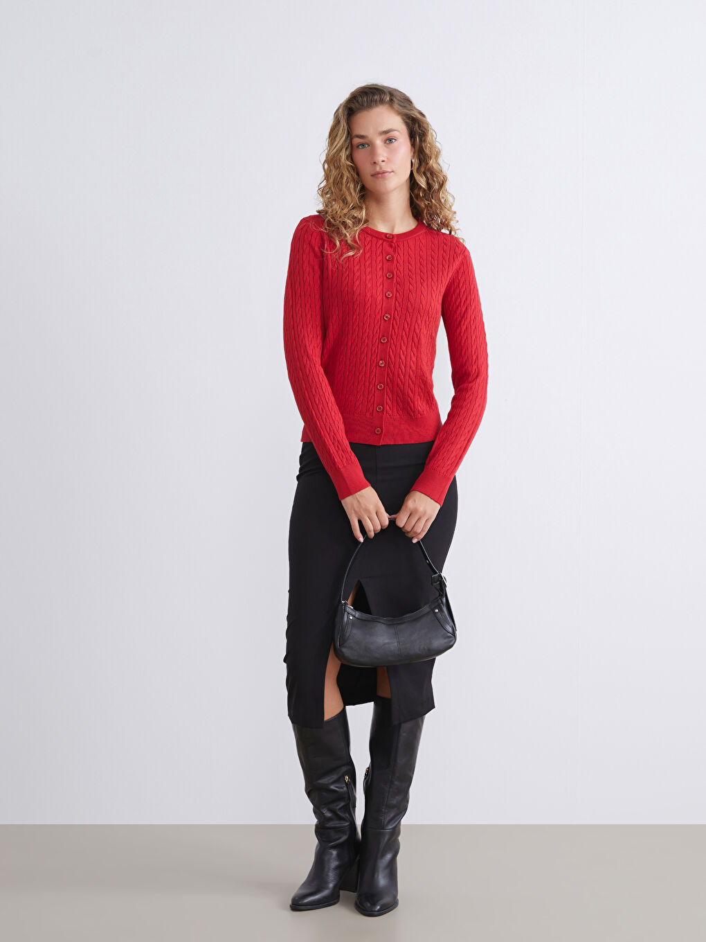 Kırmızı Bisiklet Yaka Kendinden Desenli Kadın Triko Hırka-1