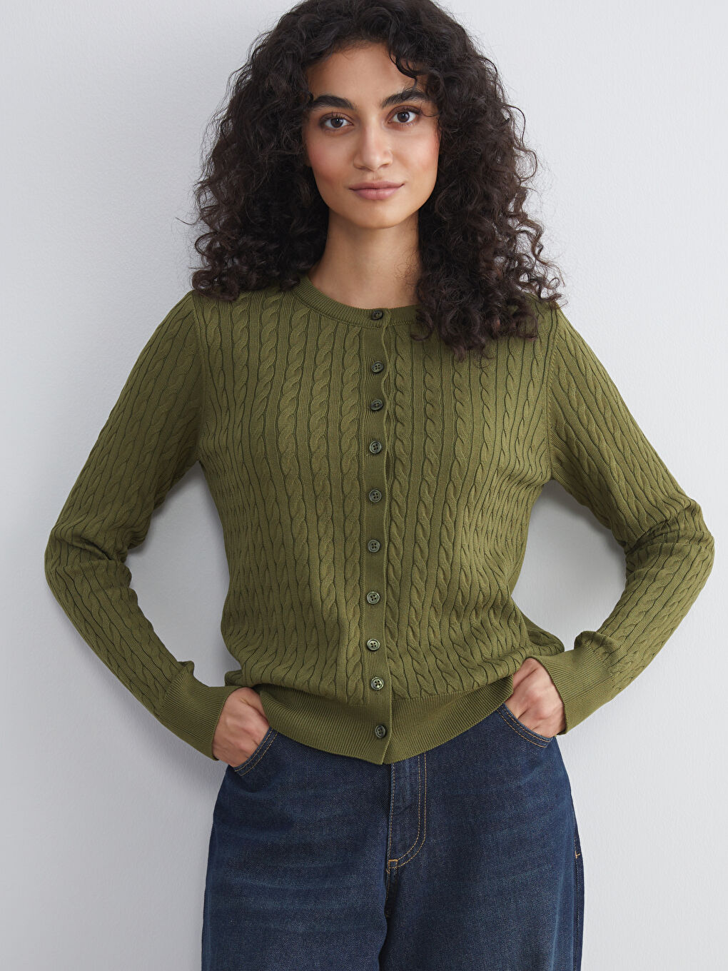 LCW Modest Crew Neck Self Patterned Long Sleeve Women's Tricot Cardigan -W5FF90Z8-CTY