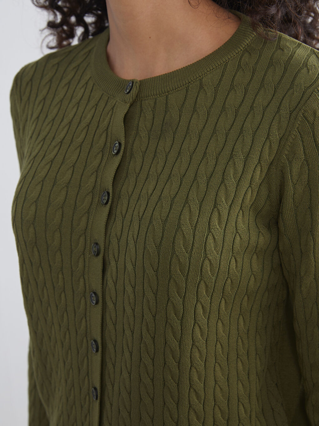 LCW Modest Crew Neck Self Patterned Long Sleeve Women's Tricot Cardigan -W5FF90Z8-CTY