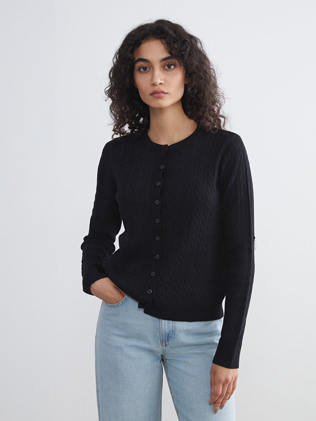 LCW Modest Crew Neck Self Patterned Long Sleeve Women's Tricot Cardigan -W5FF90Z8-CVL