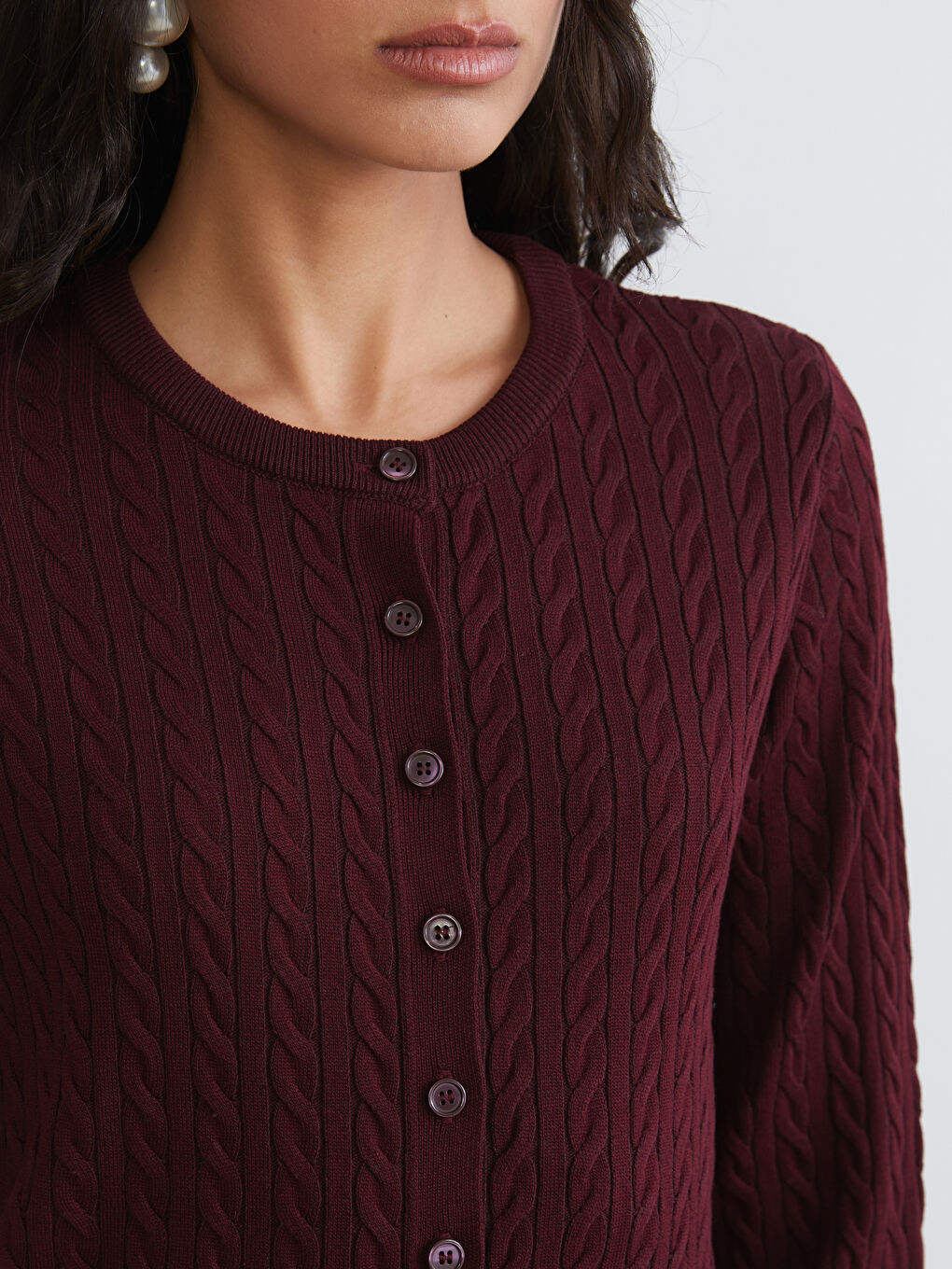 Bordo Bisiklet Yaka Kendinden Desenli Kadın Triko Hırka-2