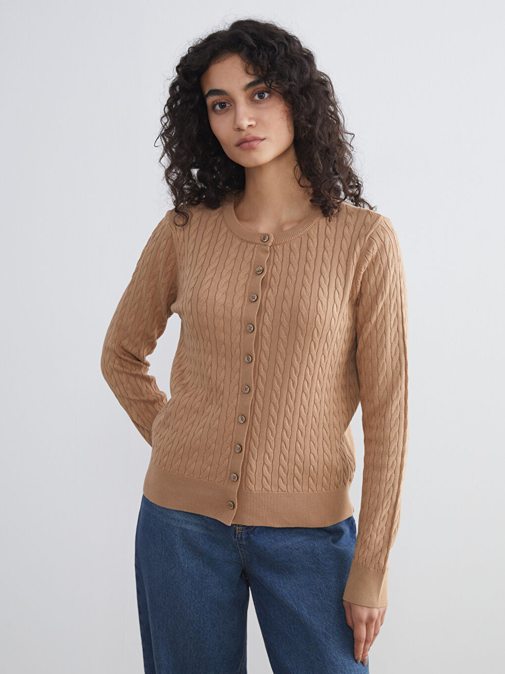 LCW Modest Crew Neck Self Patterned Long Sleeve Women's Tricot Cardigan -W5FF90Z8-EL4