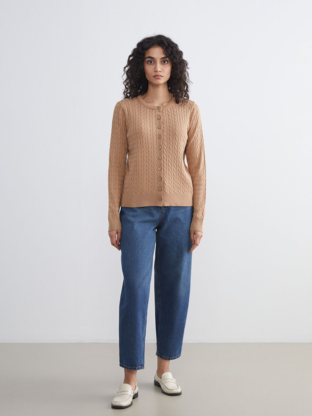 LCW Modest Crew Neck Self Patterned Long Sleeve Women's Tricot Cardigan -W5FF90Z8-EL4