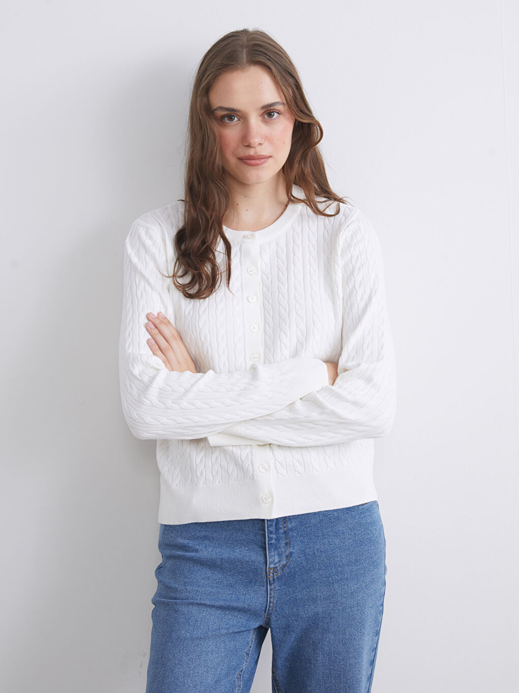LCW Modest Crew Neck Self Patterned Long Sleeve Women's Tricot Cardigan -W5FF90Z8-FE8