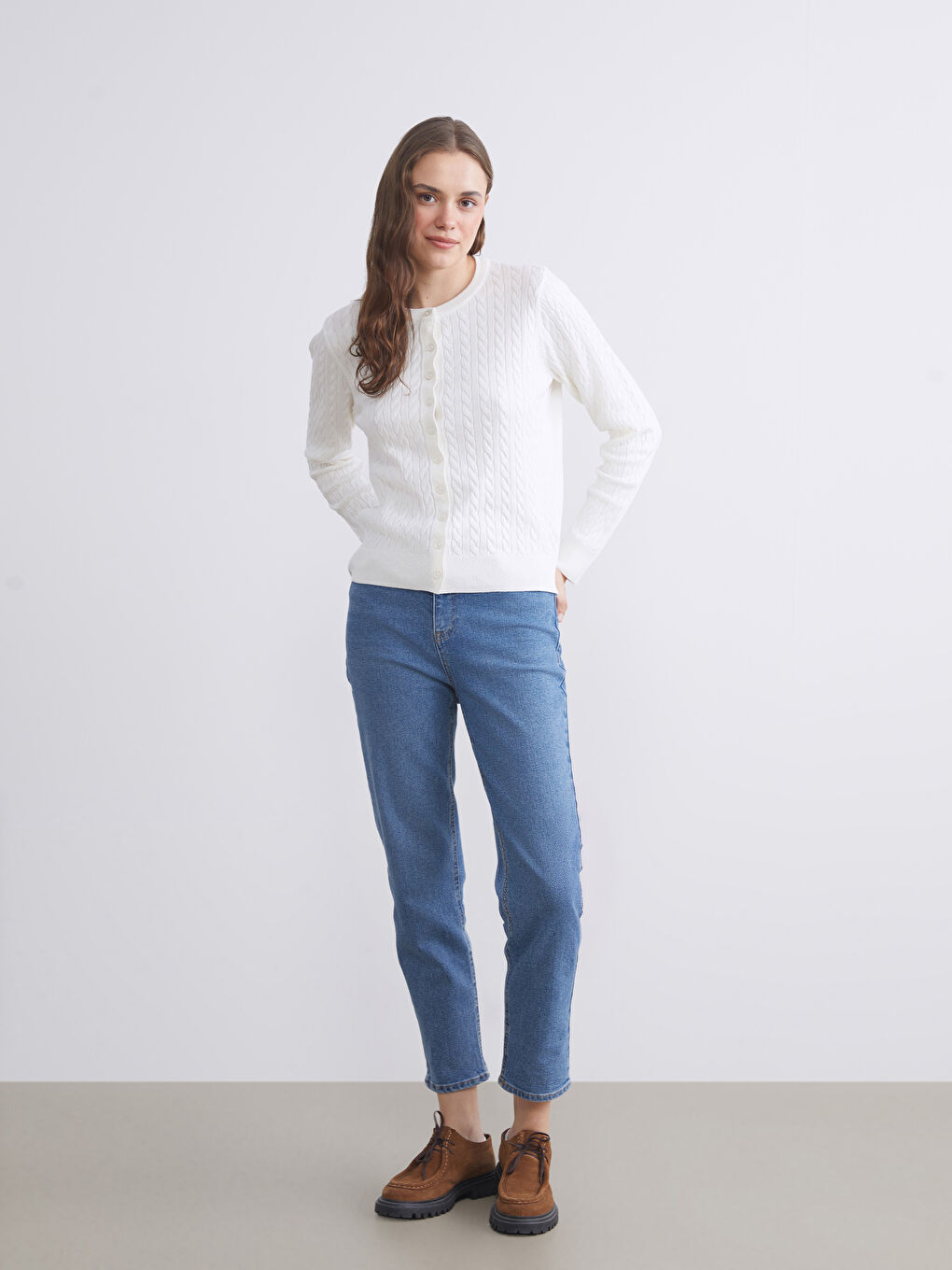 LCW Modest Crew Neck Self Patterned Long Sleeve Women's Tricot Cardigan -W5FF90Z8-FE8