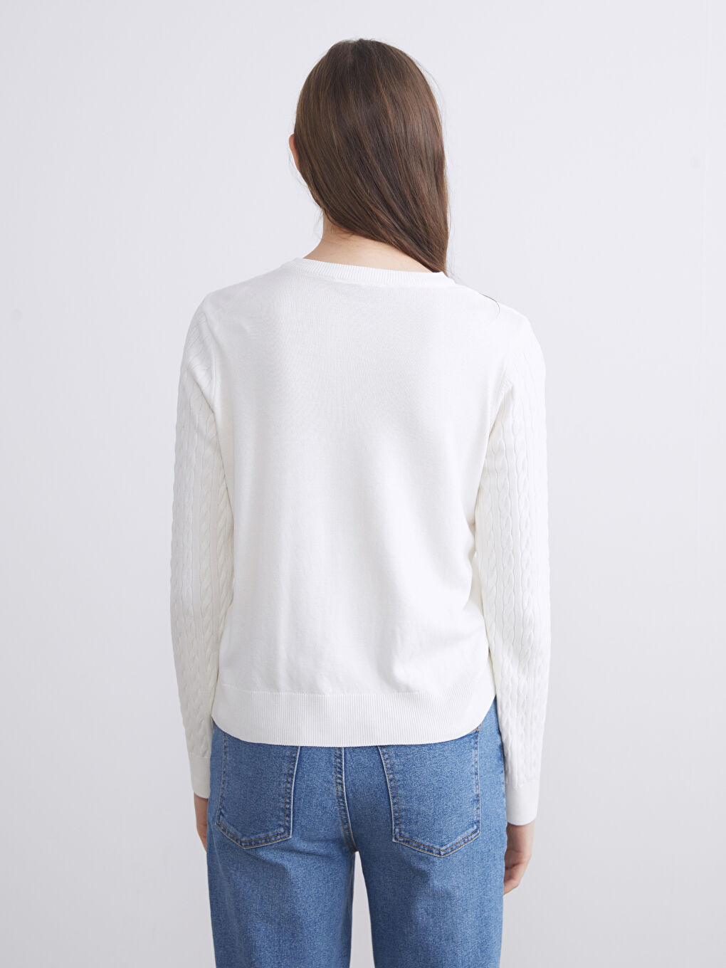 LCW Modest Crew Neck Self Patterned Long Sleeve Women's Tricot Cardigan -W5FF90Z8-FE8