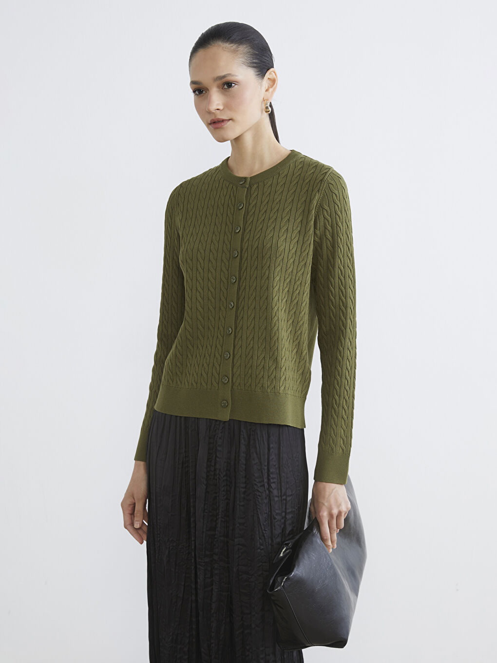 Haki Bisiklet Yaka Kendinden Desenli Kadın Triko Hırka-1