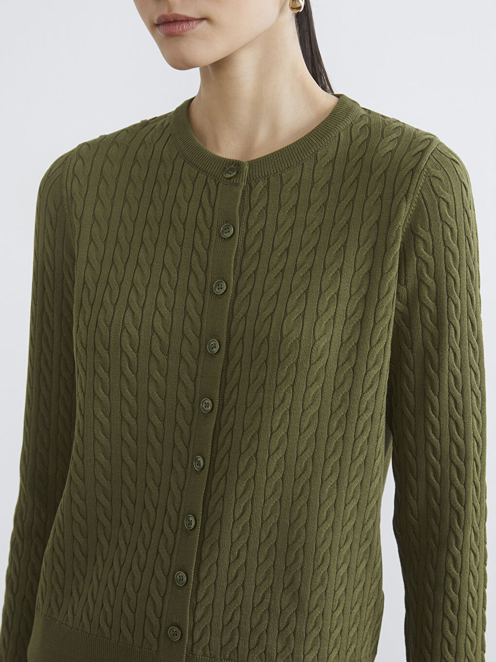 Haki Bisiklet Yaka Kendinden Desenli Kadın Triko Hırka-4