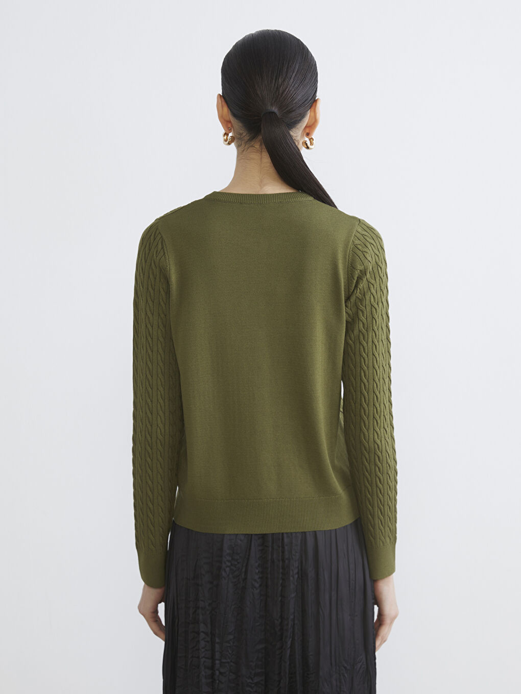 Haki Bisiklet Yaka Kendinden Desenli Kadın Triko Hırka-6