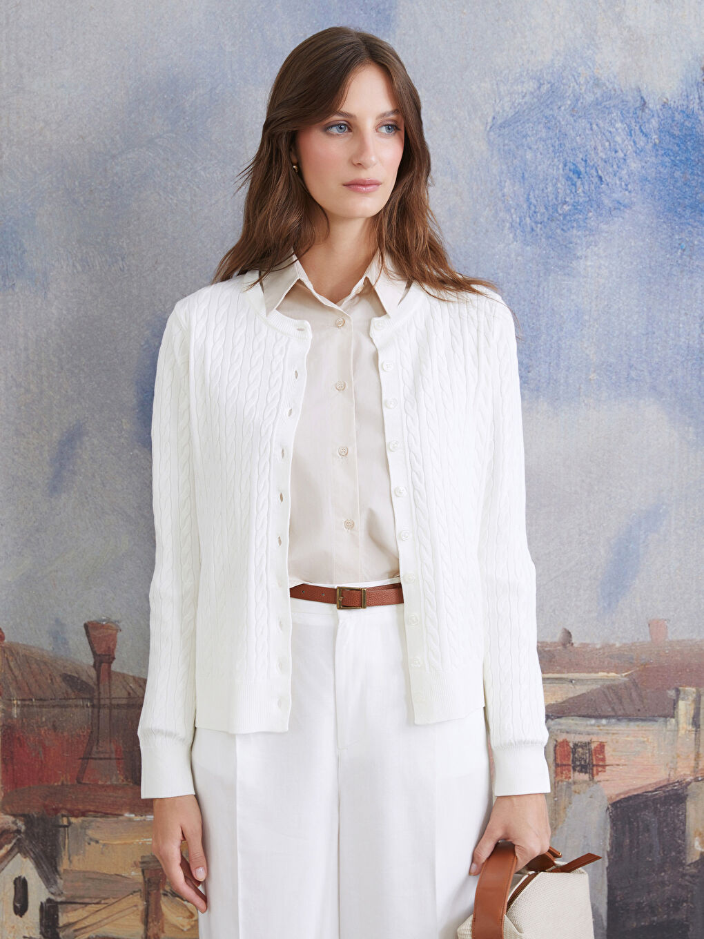 Ekru Bisiklet Yaka Kendinden Desenli Kadın Triko Hırka