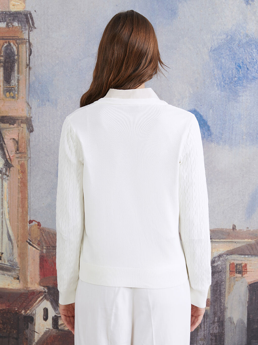 Ekru Bisiklet Yaka Kendinden Desenli Kadın Triko Hırka-4