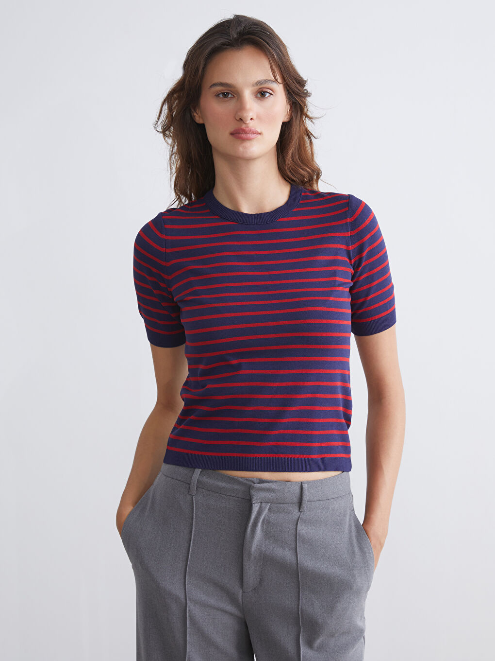 Crew Neck Striped Women's Knitwear Sweater
