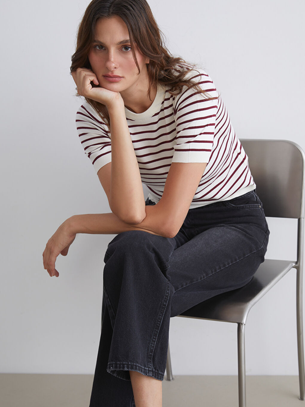 Crew Neck Striped Women's Knitwear Sweater