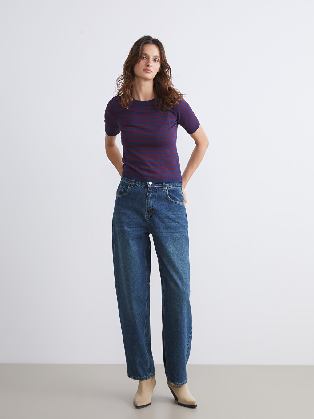 Lacivert Bisiklet Yaka Çizgili Kadın Triko Kazak-1