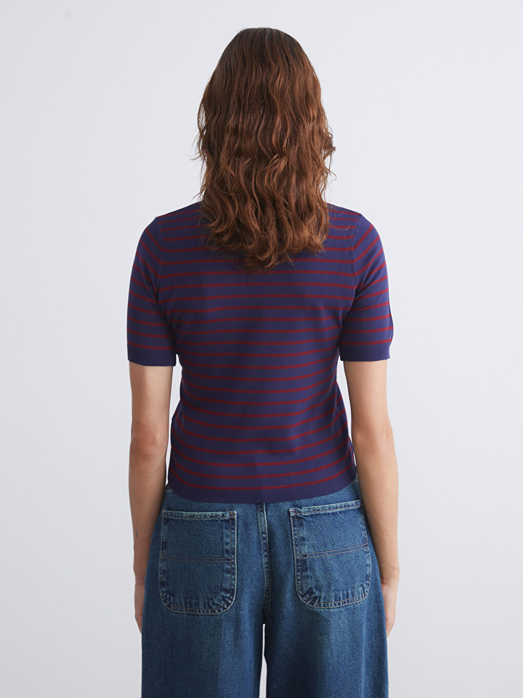 Lacivert Bisiklet Yaka Çizgili Kadın Triko Kazak-3