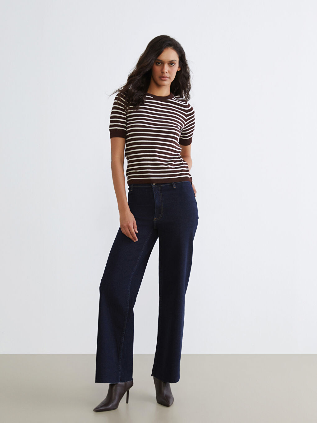 Bisiklet Yaka Çizgili Kadın Triko Kazak-1