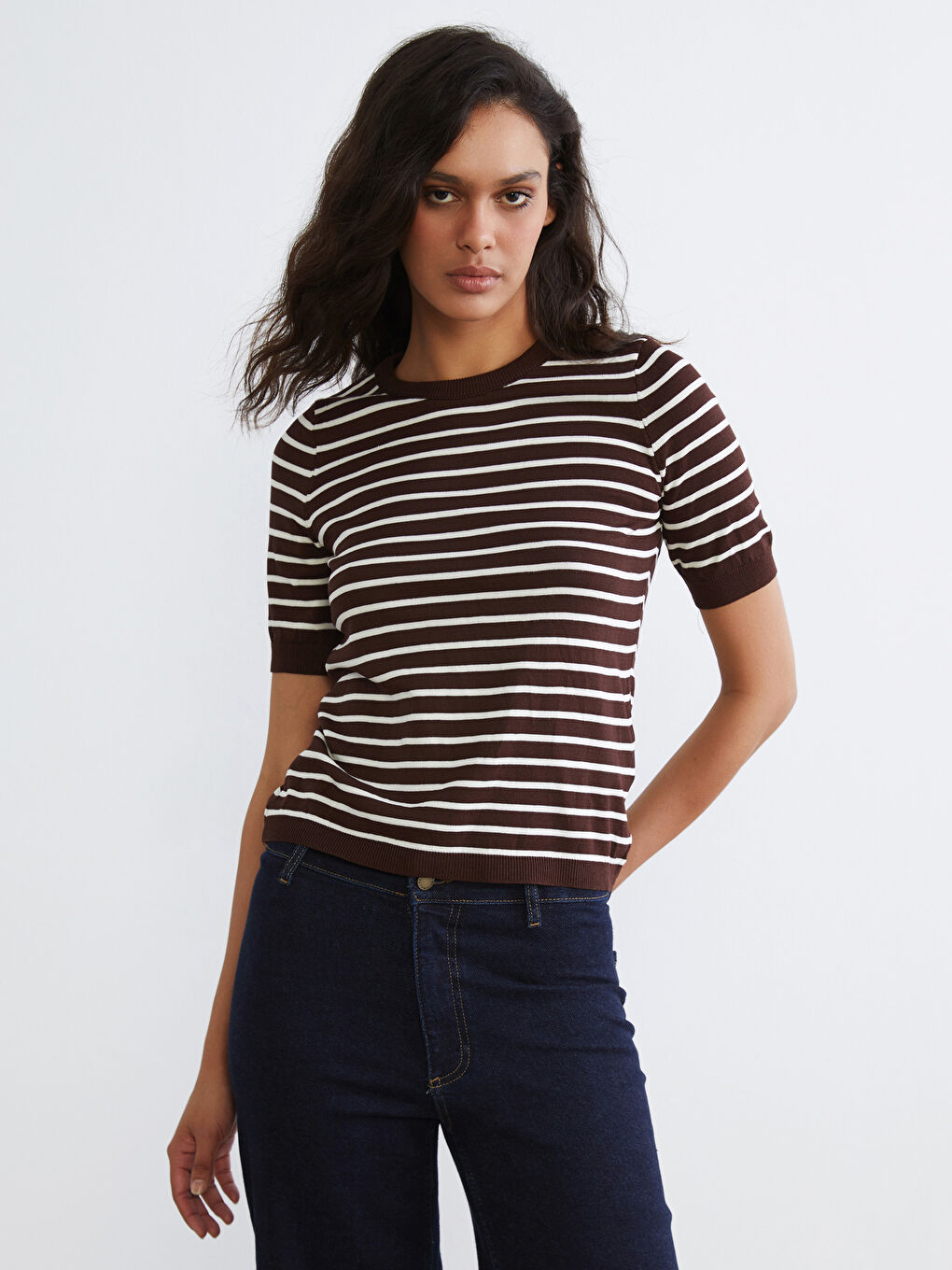Bisiklet Yaka Çizgili Kadın Triko Kazak-2