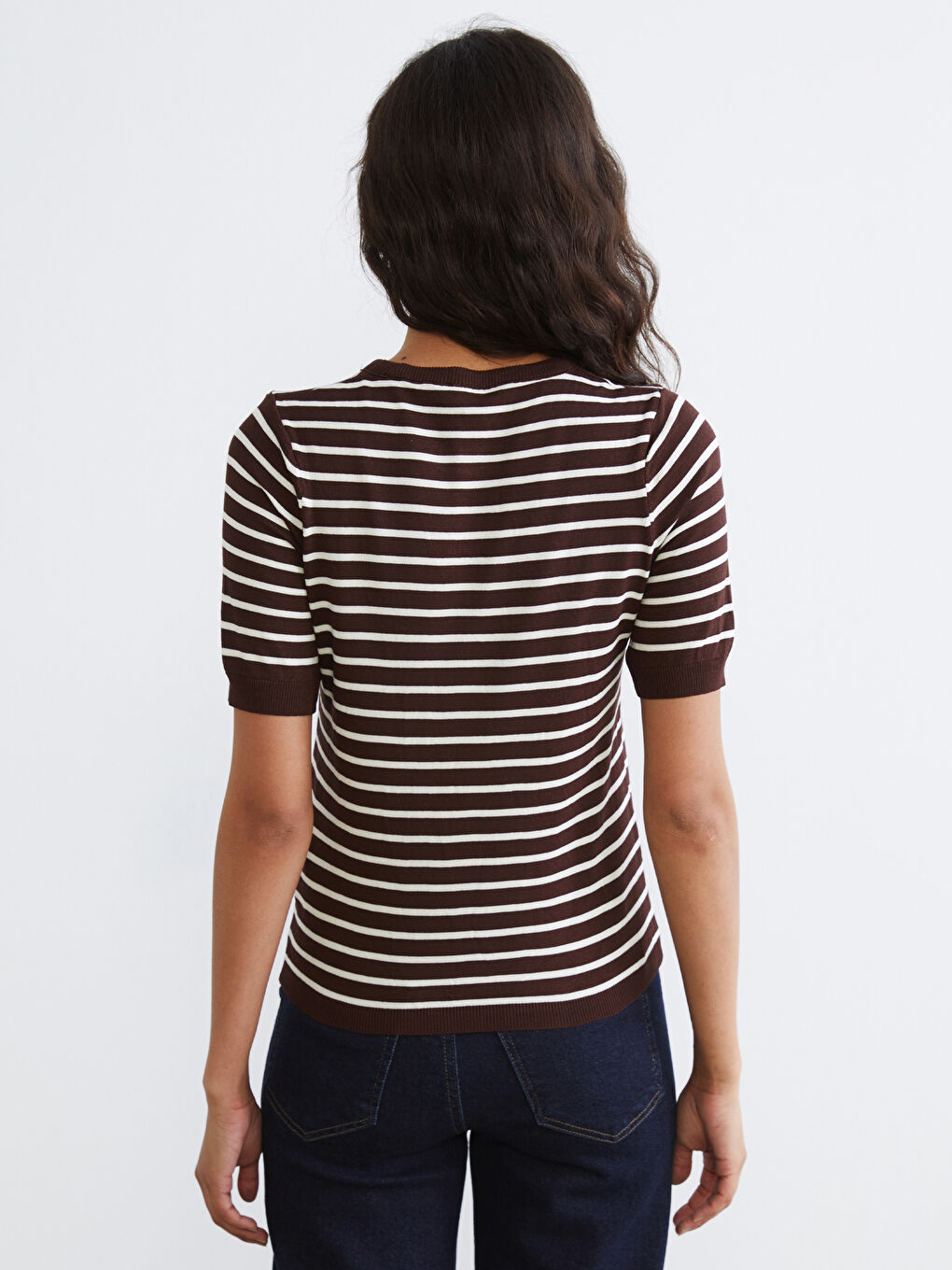 Bisiklet Yaka Çizgili Kadın Triko Kazak-6