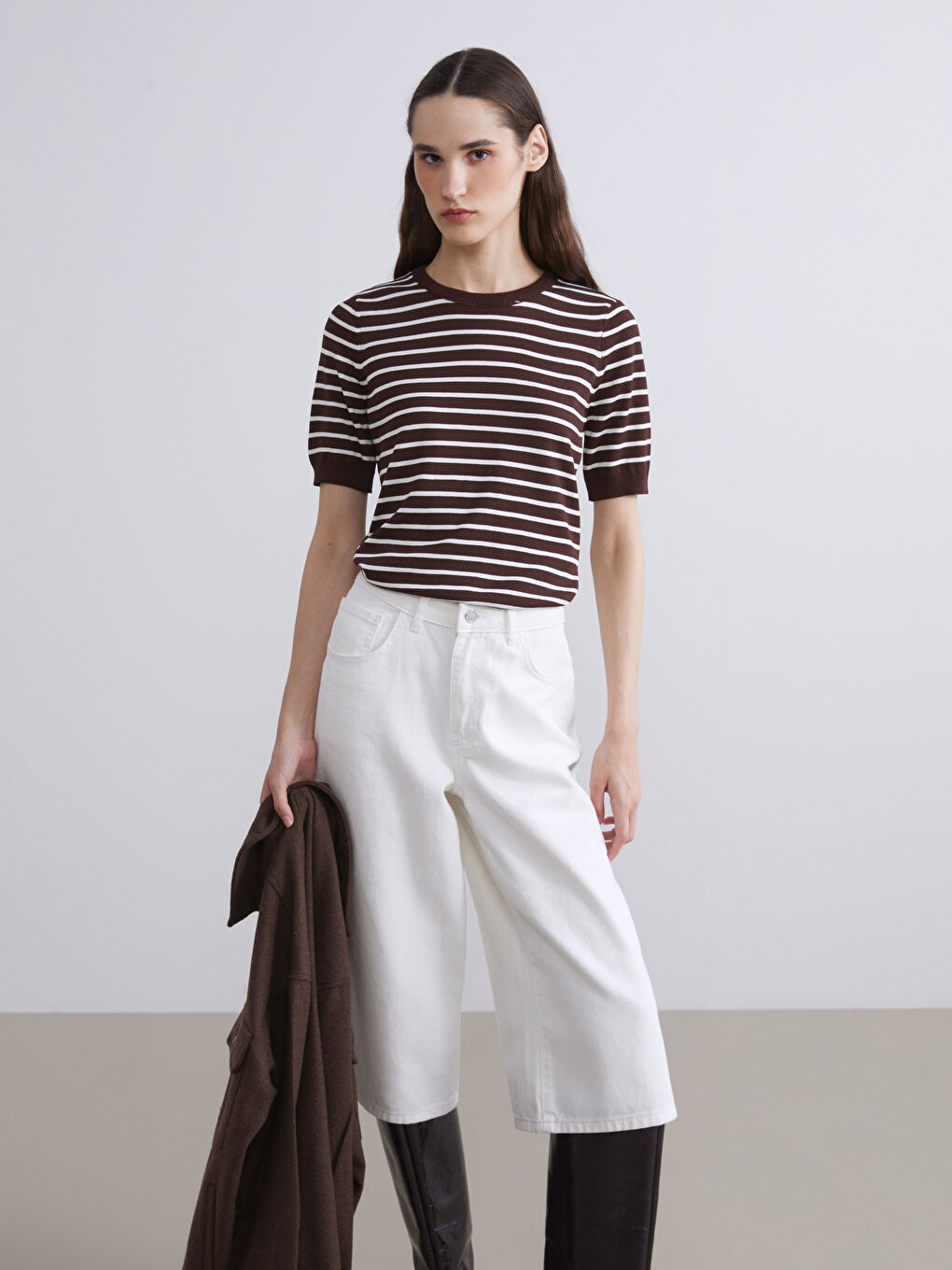 Crew Neck Striped Women's Knitwear Sweater