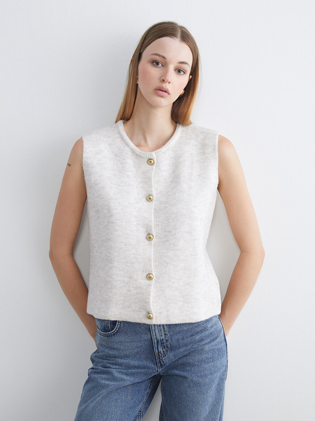 Ekru Bisiklet Yaka Kadın Triko Yelek